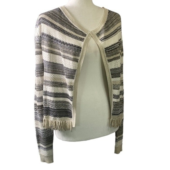 White House Black Market Striped Mix Stitch Sweater Jacket Cardigan Fringe Hem - Picture 4 of 16